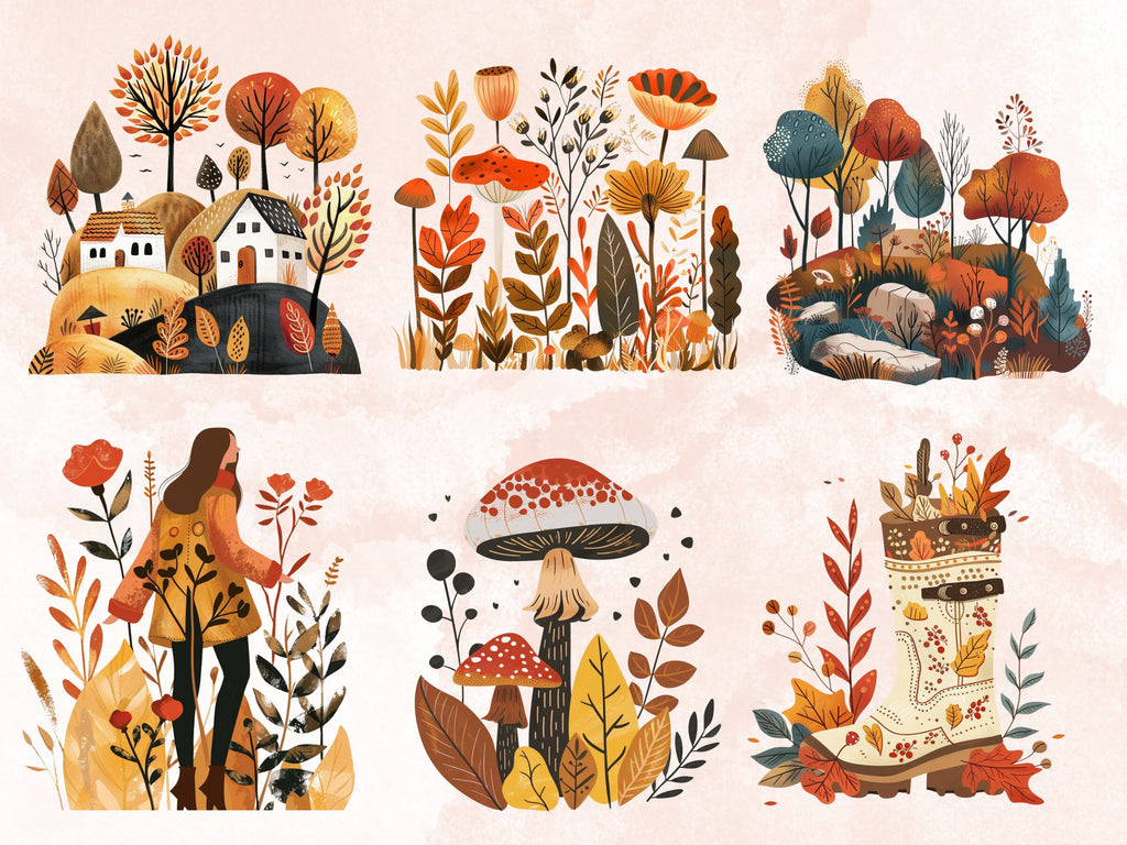 60 PNG Watercolour Scandinavian Autumn Clipart, Fall Pumpkin Folk Art Illustrations Clip art, Fall Holiday png, Nordic Autumn Ornaments