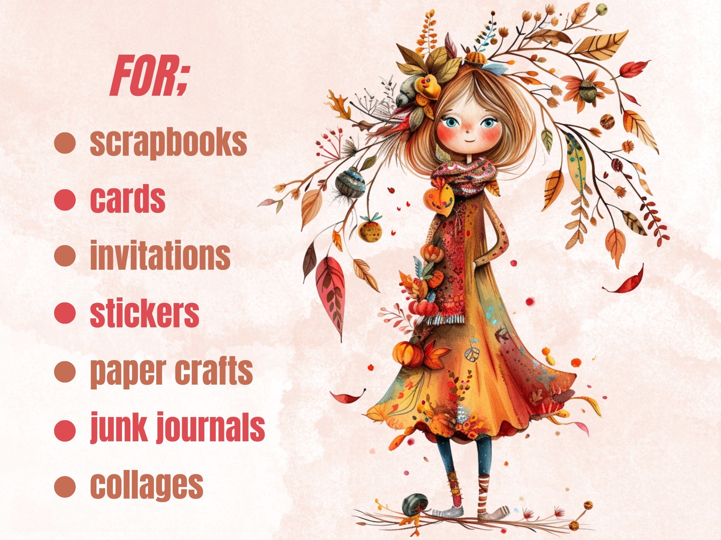 50 PNG Watercolor Quirky Autumn Bundle Clipart, Whimsical Fall Girl Illustrations Clip art, Funny Autumn Bird png, Quirky Houses Sublimation