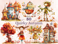 50 PNG Watercolor Quirky Autumn Bundle Clipart, Whimsical Fall Girl Illustrations Clip art, Funny Autumn Bird png, Quirky Houses Sublimation