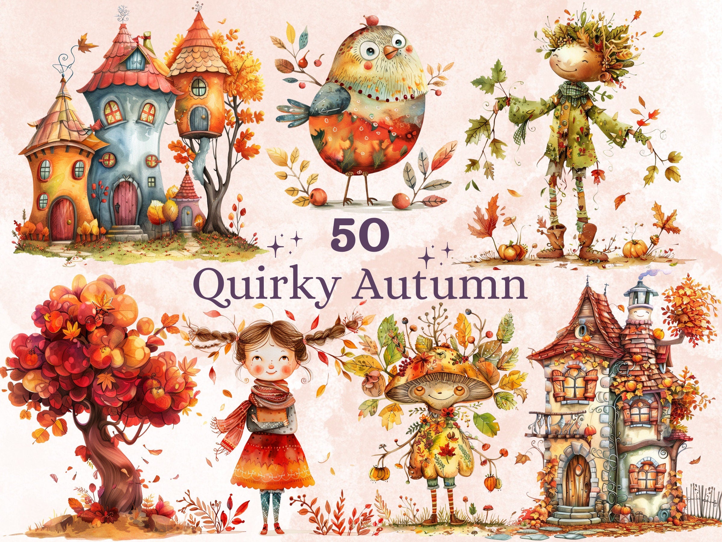 50 PNG Watercolor Quirky Autumn Bundle Clipart, Whimsical Fall Girl Illustrations Clip art, Funny Autumn Bird png, Quirky Houses Sublimation