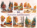 30 PNG Watercolor Autumn Landscape Clipart, Fall Forest Scenes Illustrations Clip art, Fall Woodland png, Autumn Tree Leaves Sublimation