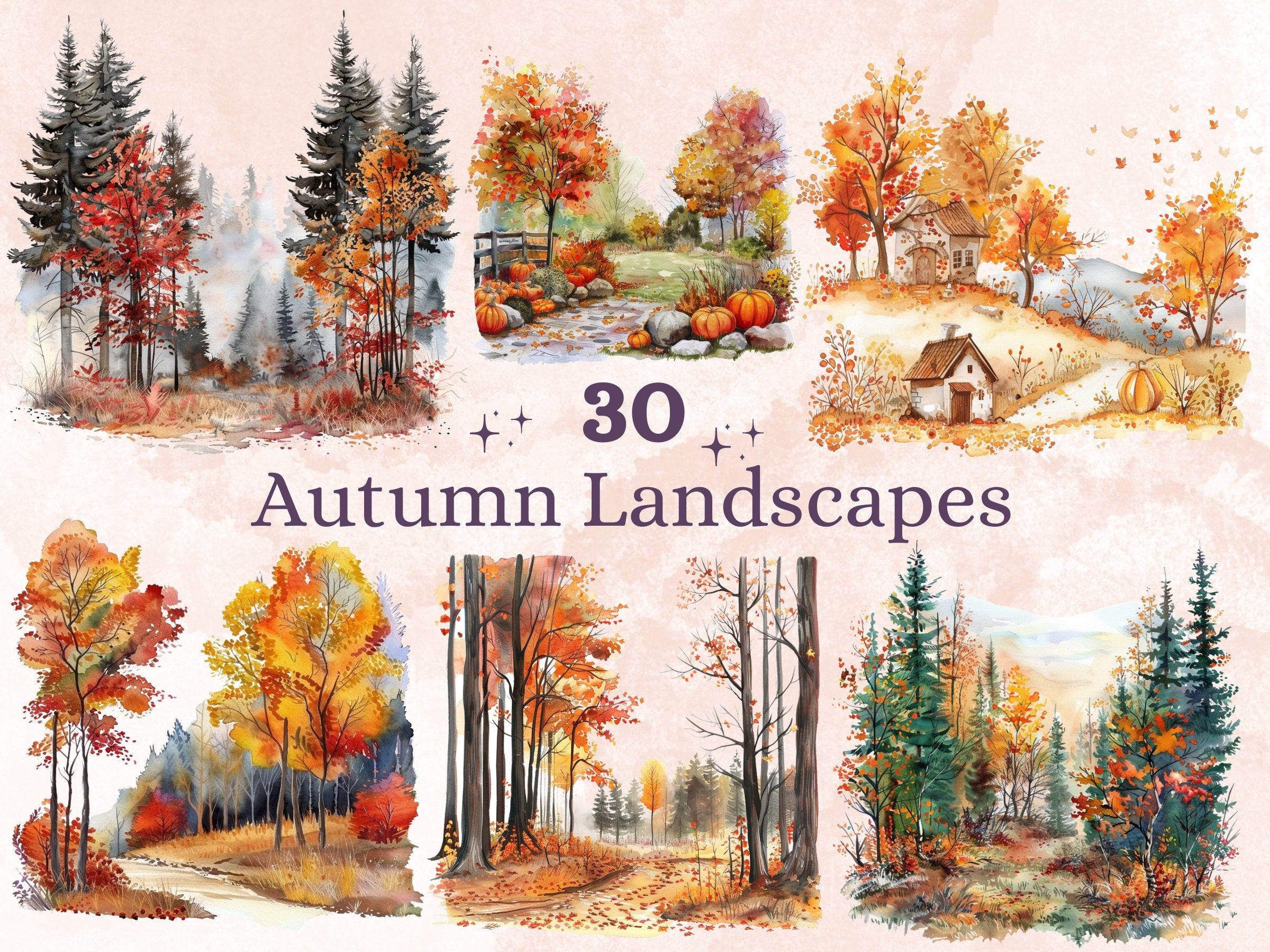 30 PNG Watercolor Autumn Landscape Clipart, Fall Forest Scenes Illustrations Clip art, Fall Woodland png, Autumn Tree Leaves Sublimation