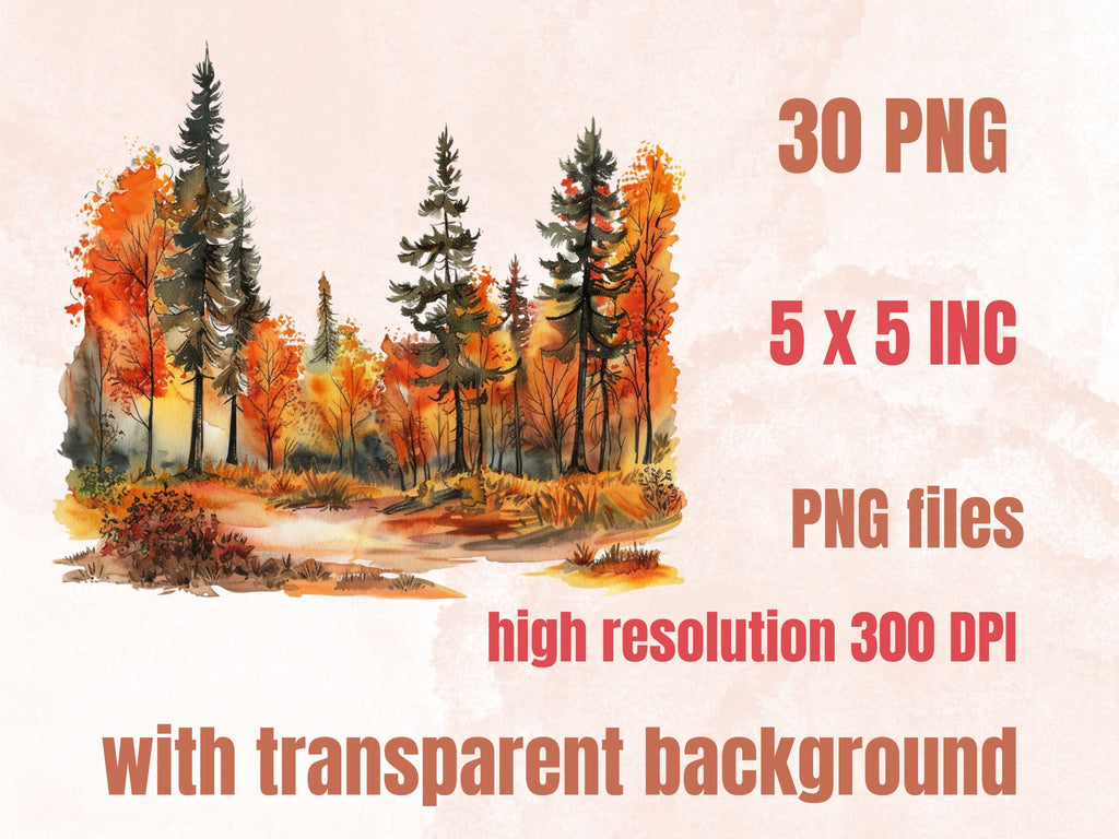30 PNG Watercolor Autumn Landscape Clipart, Fall Forest Scenes Illustrations Clip art, Fall Woodland png, Autumn Tree Leaves Sublimation