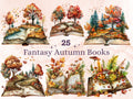 25 PNG Watercolor Fantasy Autumn Books Clipart, Open Book Clip Art, Floral Garden Book PNG, Fall Pumpkin Forest clip art, Witch Magic Books
