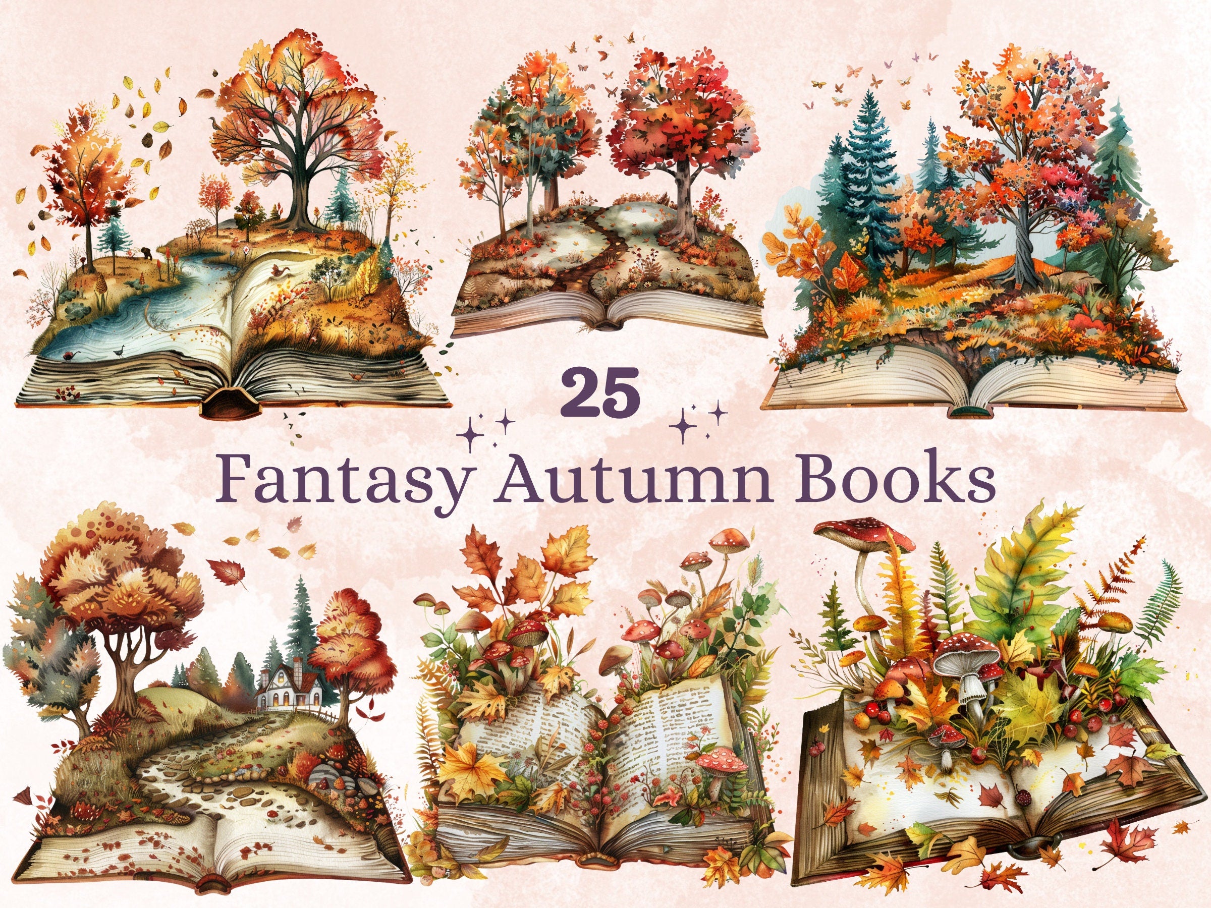 25 PNG Watercolor Fantasy Autumn Books Clipart, Open Book Clip Art, Floral Garden Book PNG, Fall Pumpkin Forest clip art, Witch Magic Books