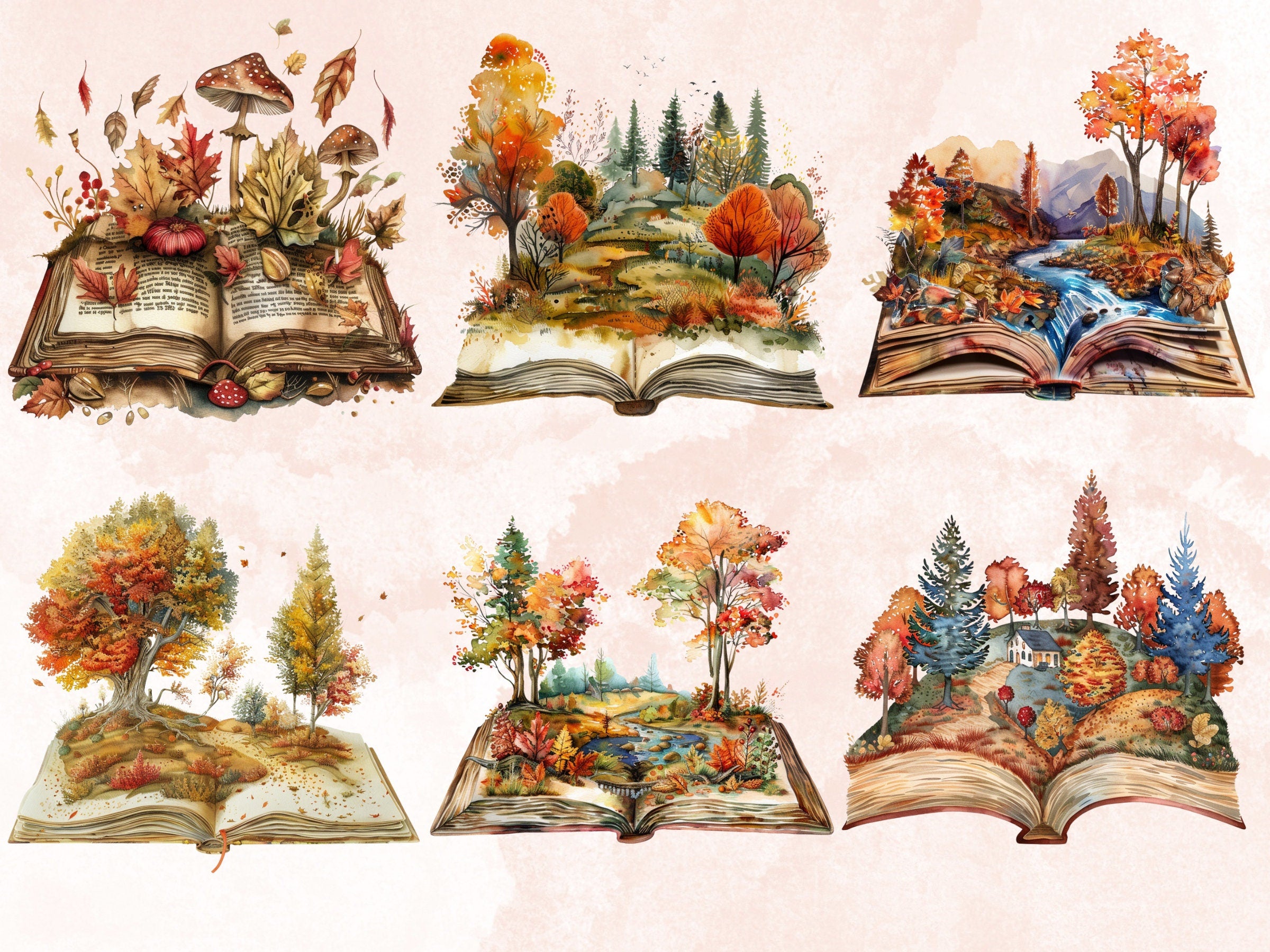 25 PNG Watercolor Fantasy Autumn Books Clipart, Open Book Clip Art, Floral Garden Book PNG, Fall Pumpkin Forest clip art, Witch Magic Books