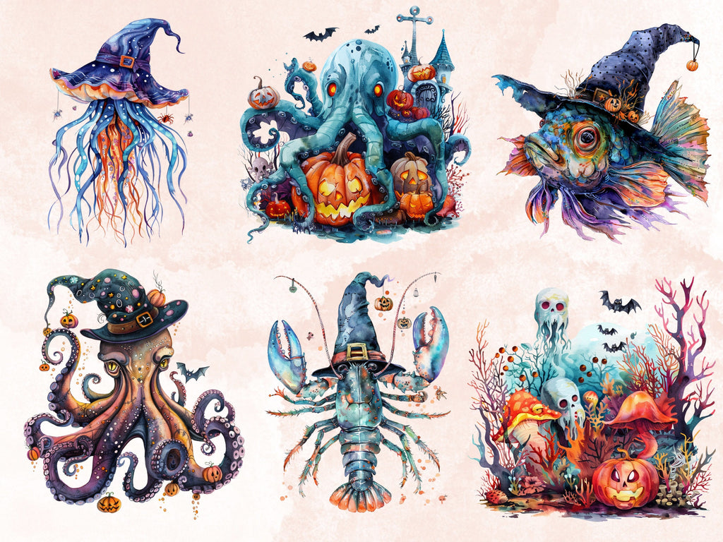 40 PNG Watercolor Underwater Halloween Clipart, Fantasy Halloween Sublimation, Creepy Ocean Witch Clip art, Spooky Sea Animals png bundle