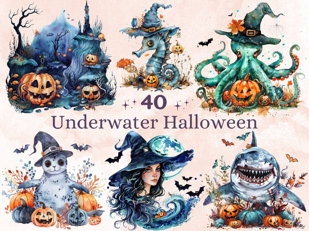 40 PNG Watercolor Underwater Halloween Clipart, Fantasy Halloween Sublimation, Creepy Ocean Witch Clip art, Spooky Sea Animals png bundle