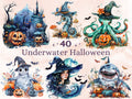 40 PNG Watercolor Underwater Halloween Clipart, Fantasy Halloween Sublimation, Creepy Ocean Witch Clip art, Spooky Sea Animals png bundle