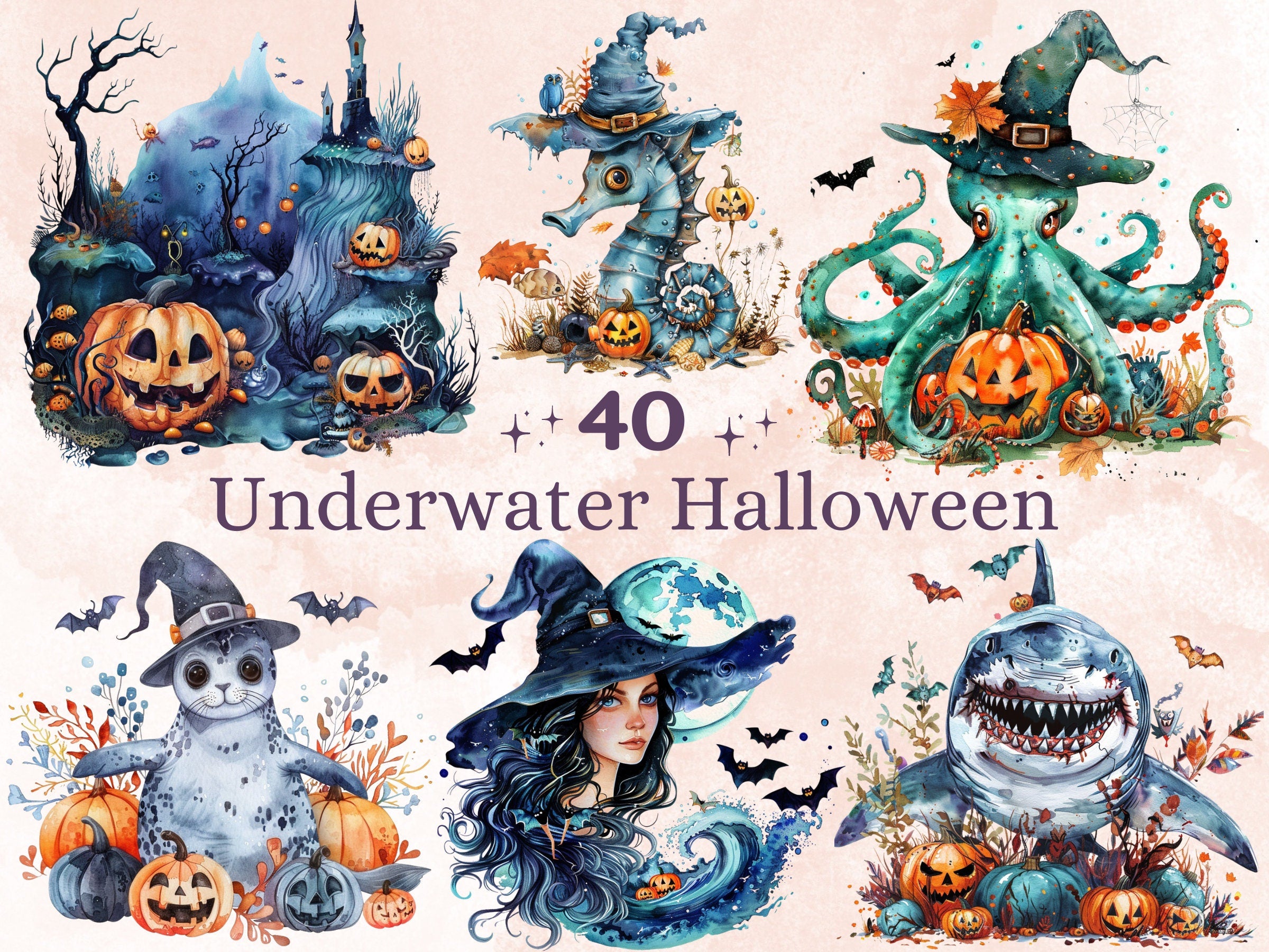 40 PNG Watercolor Underwater Halloween Clipart, Fantasy Halloween Sublimation, Creepy Ocean Witch Clip art, Spooky Sea Animals png bundle