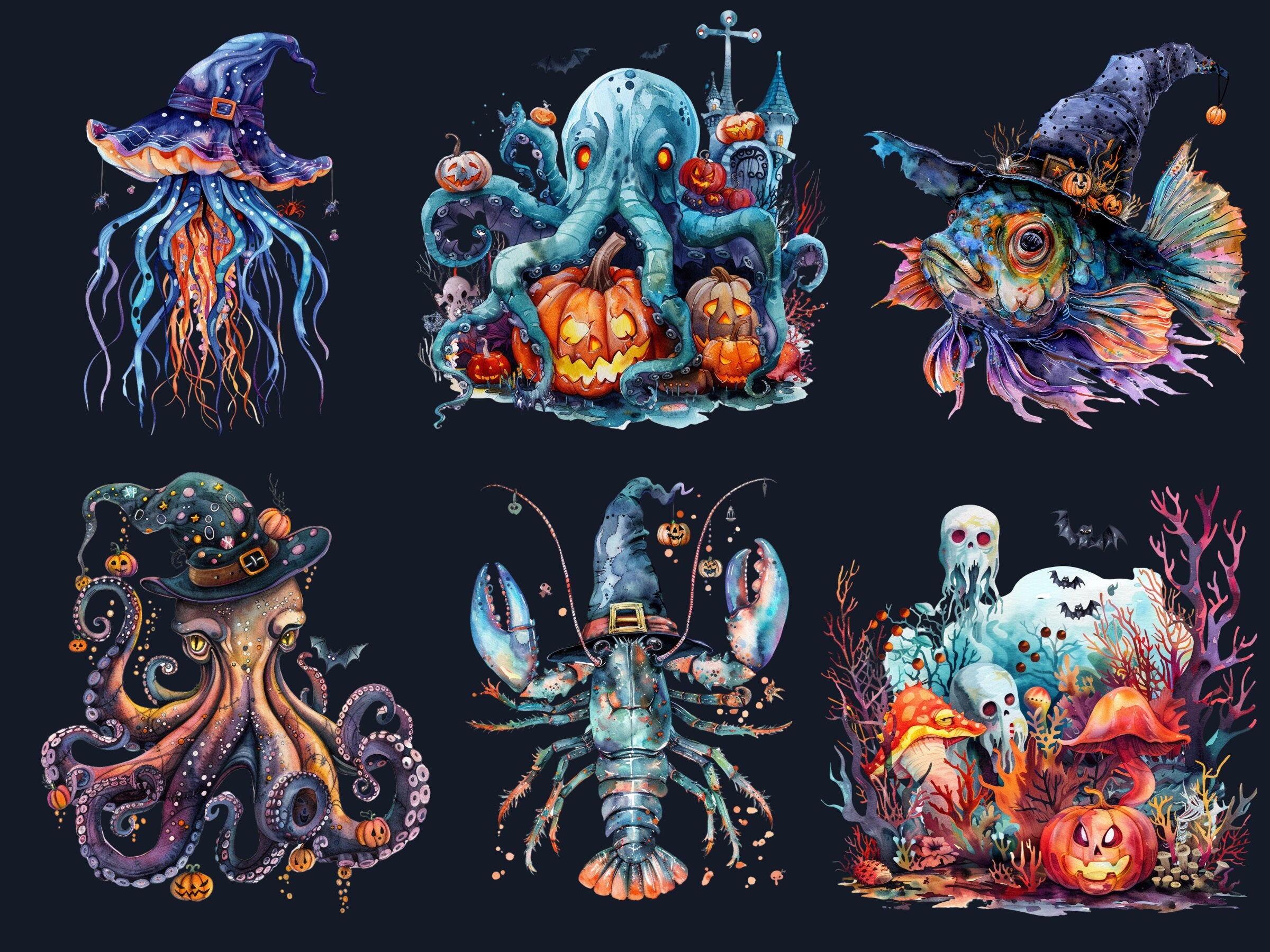 40 PNG Watercolor Underwater Halloween Clipart, Fantasy Halloween Sublimation, Creepy Ocean Witch Clip art, Spooky Sea Animals png bundle