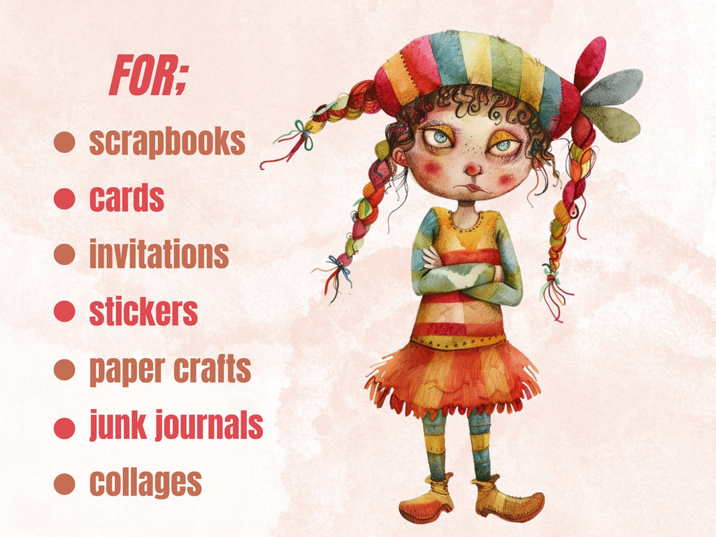 50 PNG Watercolor Quirky Girls Bundle Clipart, Whimsical Girl Illustrations Clip art, Funny Little Girls Emotions png, Quirky Sublimation