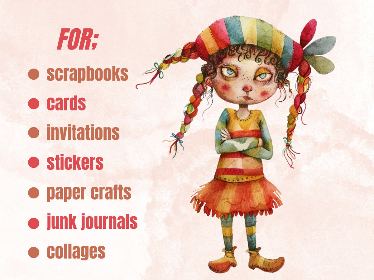 50 PNG Watercolor Quirky Girls Bundle Clipart, Whimsical Girl Illustrations Clip art, Funny Little Girls Emotions png, Quirky Sublimation