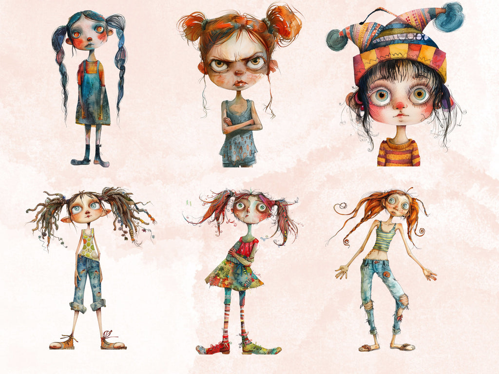 50 PNG Watercolor Quirky Girls Bundle Clipart, Whimsical Girl Illustrations Clip art, Funny Little Girls Emotions png, Quirky Sublimation