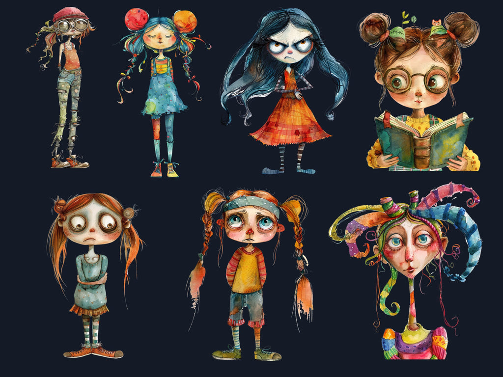 50 PNG Watercolor Quirky Girls Bundle Clipart, Whimsical Girl Illustrations Clip art, Funny Little Girls Emotions png, Quirky Sublimation