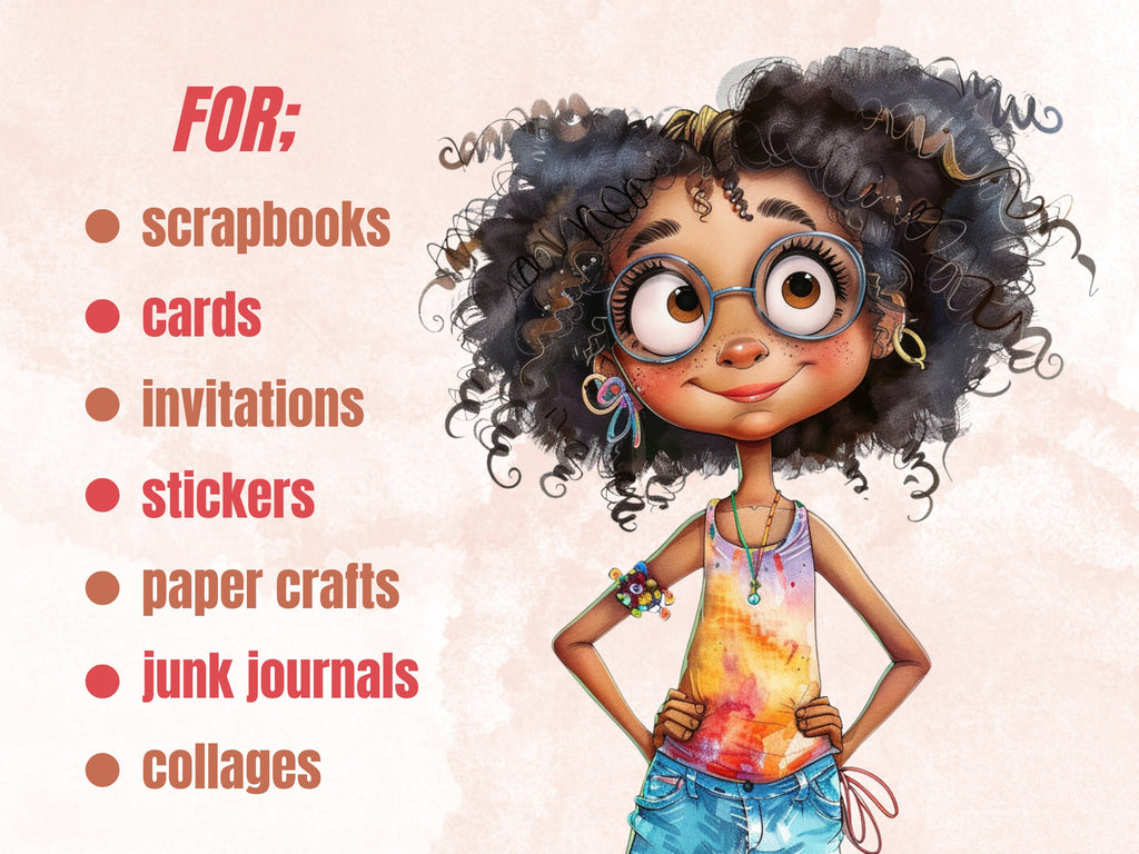 40 PNG Watercolor Quirky Black Girls Clipart, Whimsical Afro Girl Illustrations Clip art, Funny Black Girls Emotions png, Quirky Sublimation