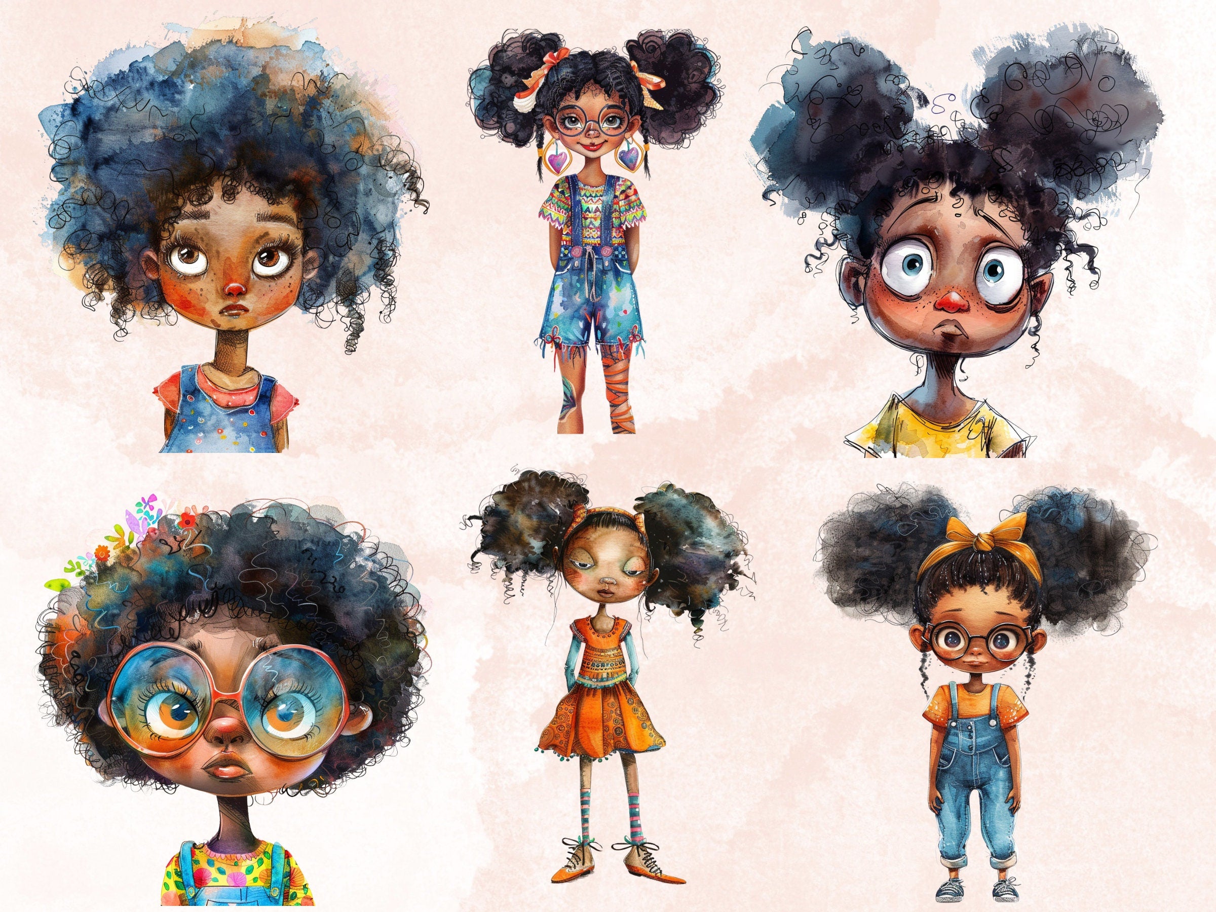 40 PNG Watercolor Quirky Black Girls Clipart, Whimsical Afro Girl Illustrations Clip art, Funny Black Girls Emotions png, Quirky Sublimation