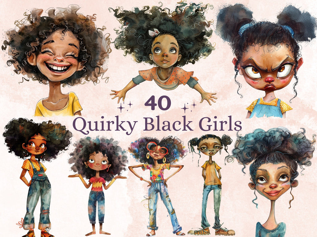 40 PNG Watercolor Quirky Black Girls Clipart, Whimsical Afro Girl Illustrations Clip art, Funny Black Girls Emotions png, Quirky Sublimation