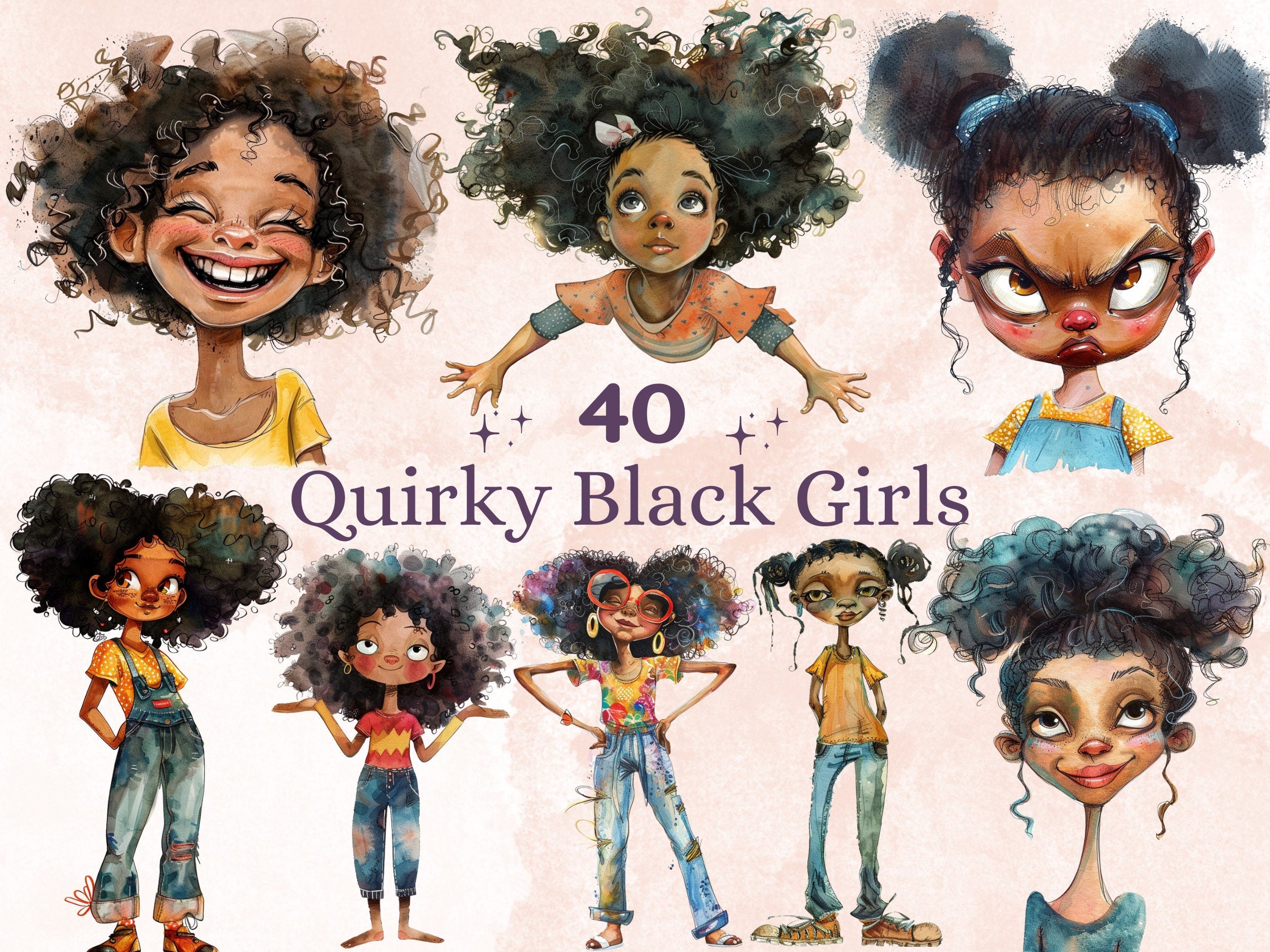 40 PNG Watercolor Quirky Black Girls Clipart, Whimsical Afro Girl Illustrations Clip art, Funny Black Girls Emotions png, Quirky Sublimation
