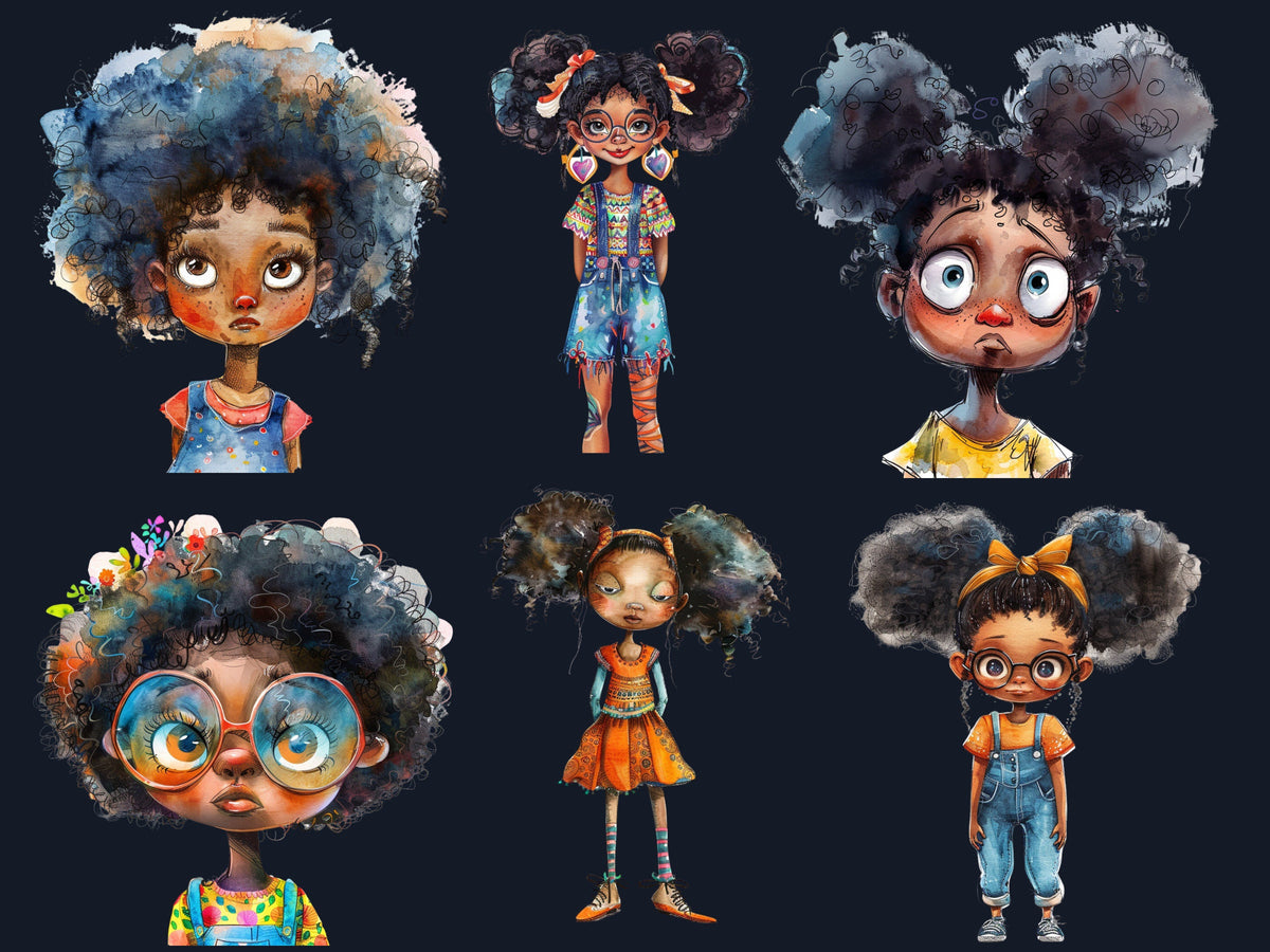 40 PNG Watercolor Quirky Black Girls Clipart, Whimsical Afro Girl Illustrations Clip art, Funny Black Girls Emotions png, Quirky Sublimation
