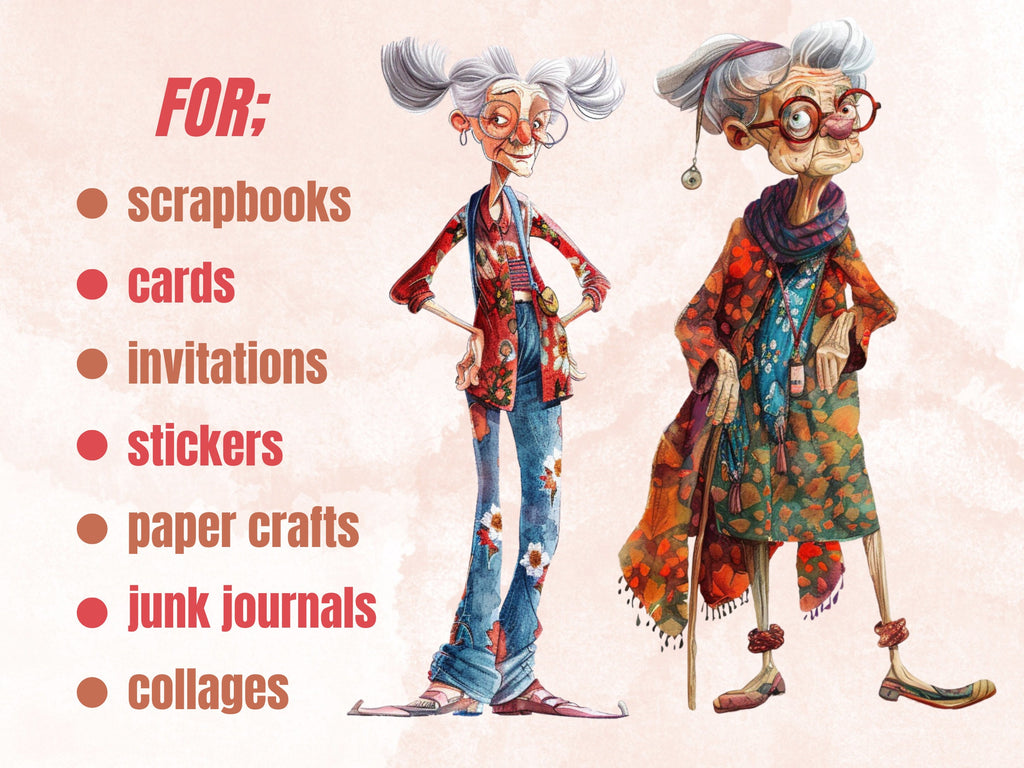 35 PNG Watercolor Quirky Crazy Grandma Clipart, Whimsical Hippie Old Ladies Illustrations Clip art, Funny Elderly Woman png Sublimation
