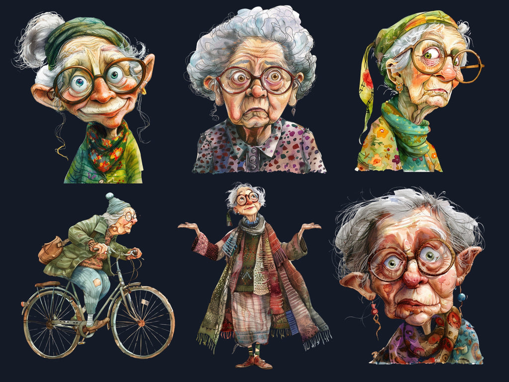 35 PNG Watercolor Quirky Crazy Grandma Clipart, Whimsical Hippie Old Ladies Illustrations Clip art, Funny Elderly Woman png Sublimation