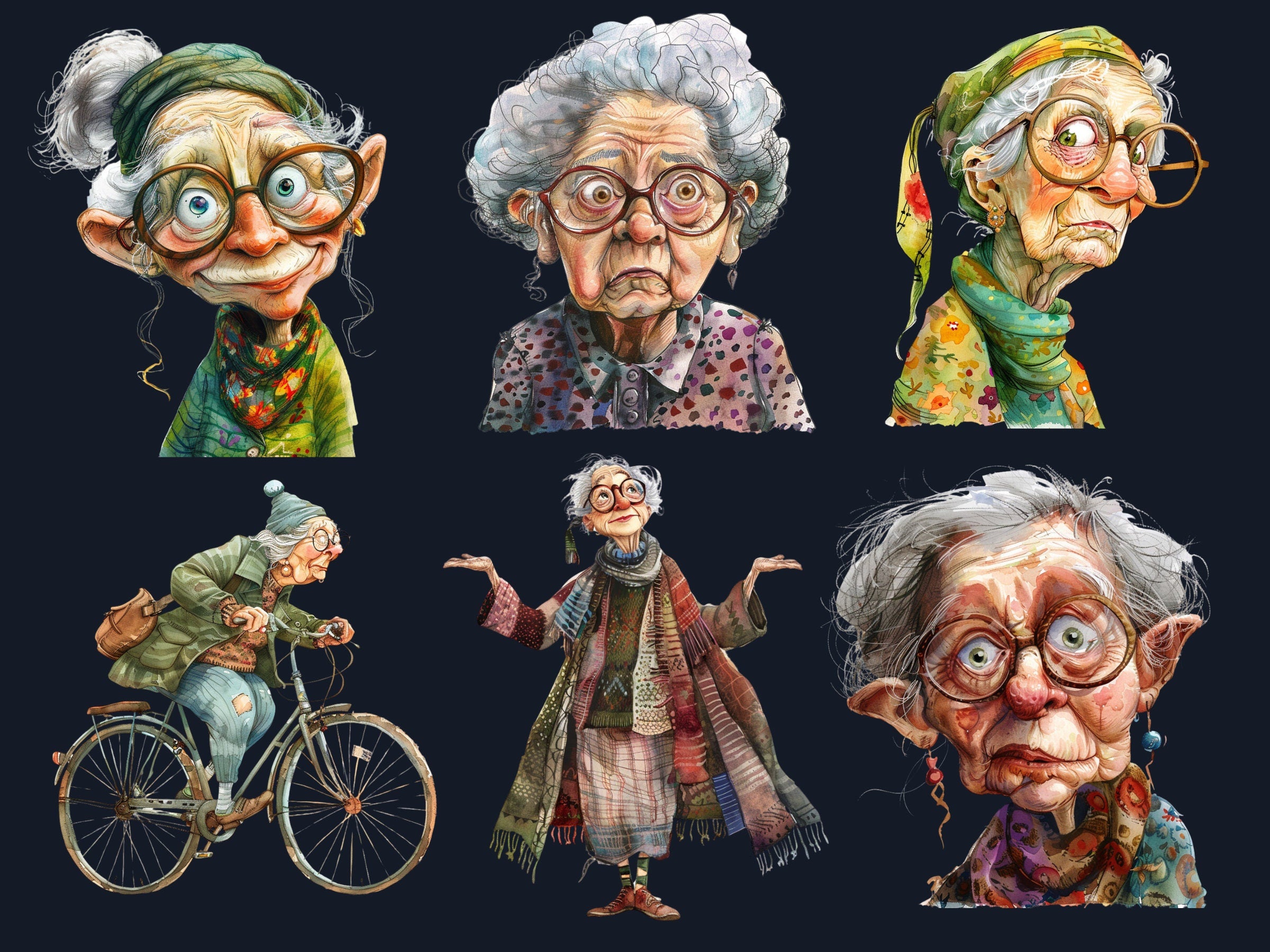 35 PNG Watercolor Quirky Crazy Grandma Clipart, Whimsical Hippie Old Ladies Illustrations Clip art, Funny Elderly Woman png Sublimation