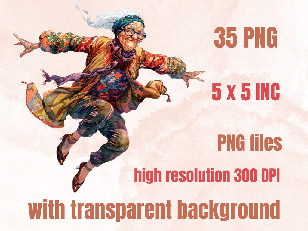 35 PNG Watercolor Quirky Crazy Grandma Clipart, Whimsical Hippie Old Ladies Illustrations Clip art, Funny Elderly Woman png Sublimation