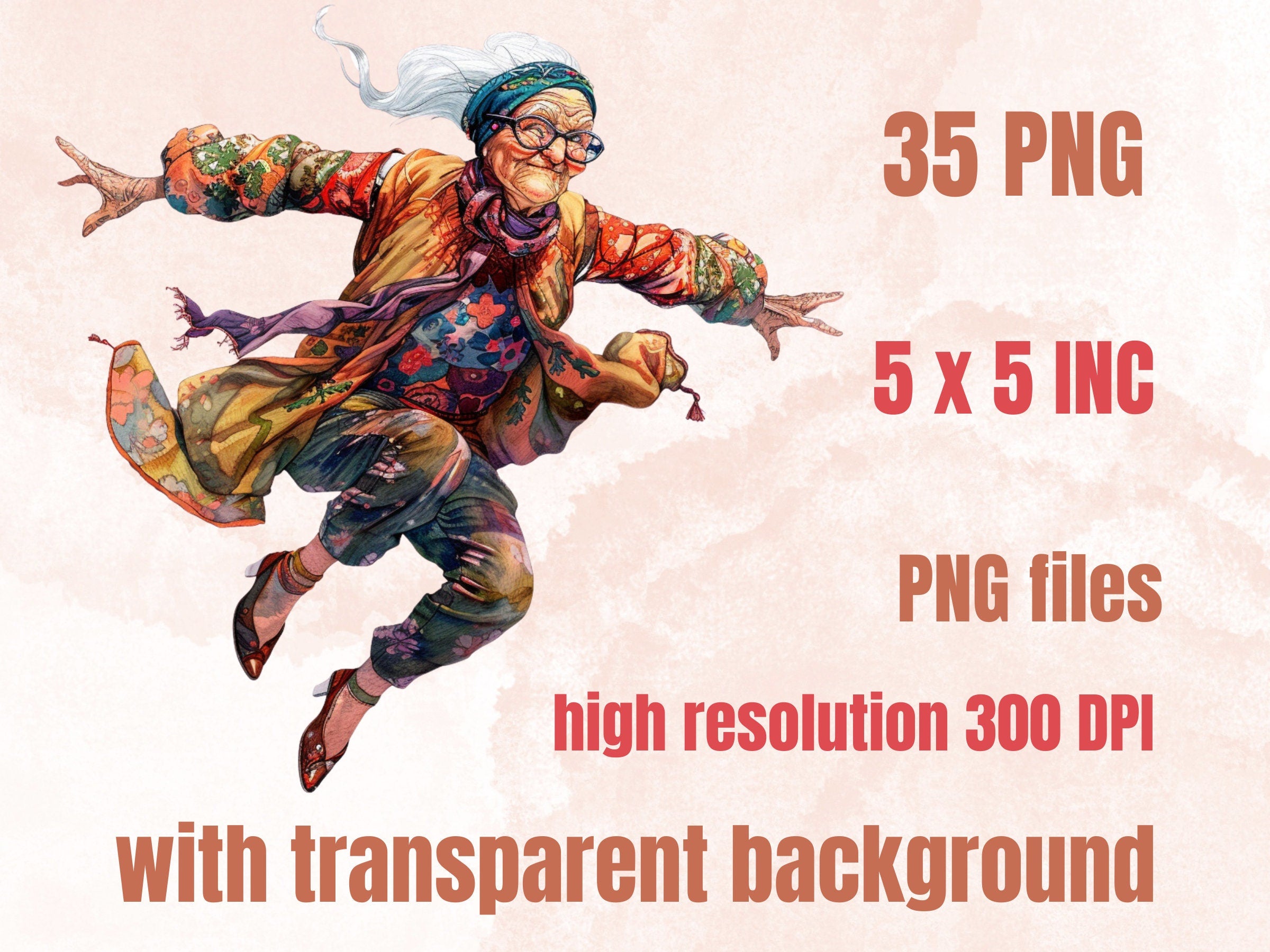 35 PNG Watercolor Quirky Crazy Grandma Clipart, Whimsical Hippie Old Ladies Illustrations Clip art, Funny Elderly Woman png Sublimation