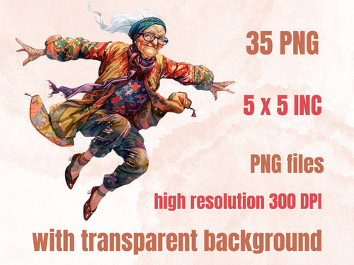 35 PNG Watercolor Quirky Crazy Grandma Clipart, Whimsical Hippie Old Ladies Illustrations Clip art, Funny Elderly Woman png Sublimation