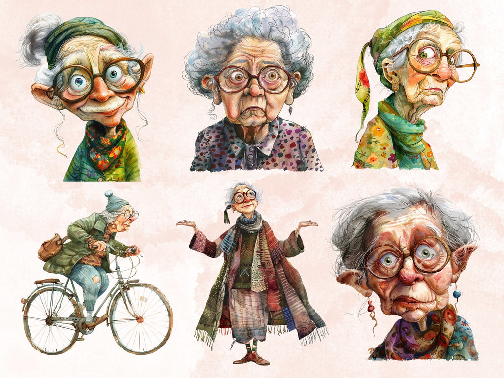 35 PNG Watercolor Quirky Crazy Grandma Clipart, Whimsical Hippie Old Ladies Illustrations Clip art, Funny Elderly Woman png Sublimation