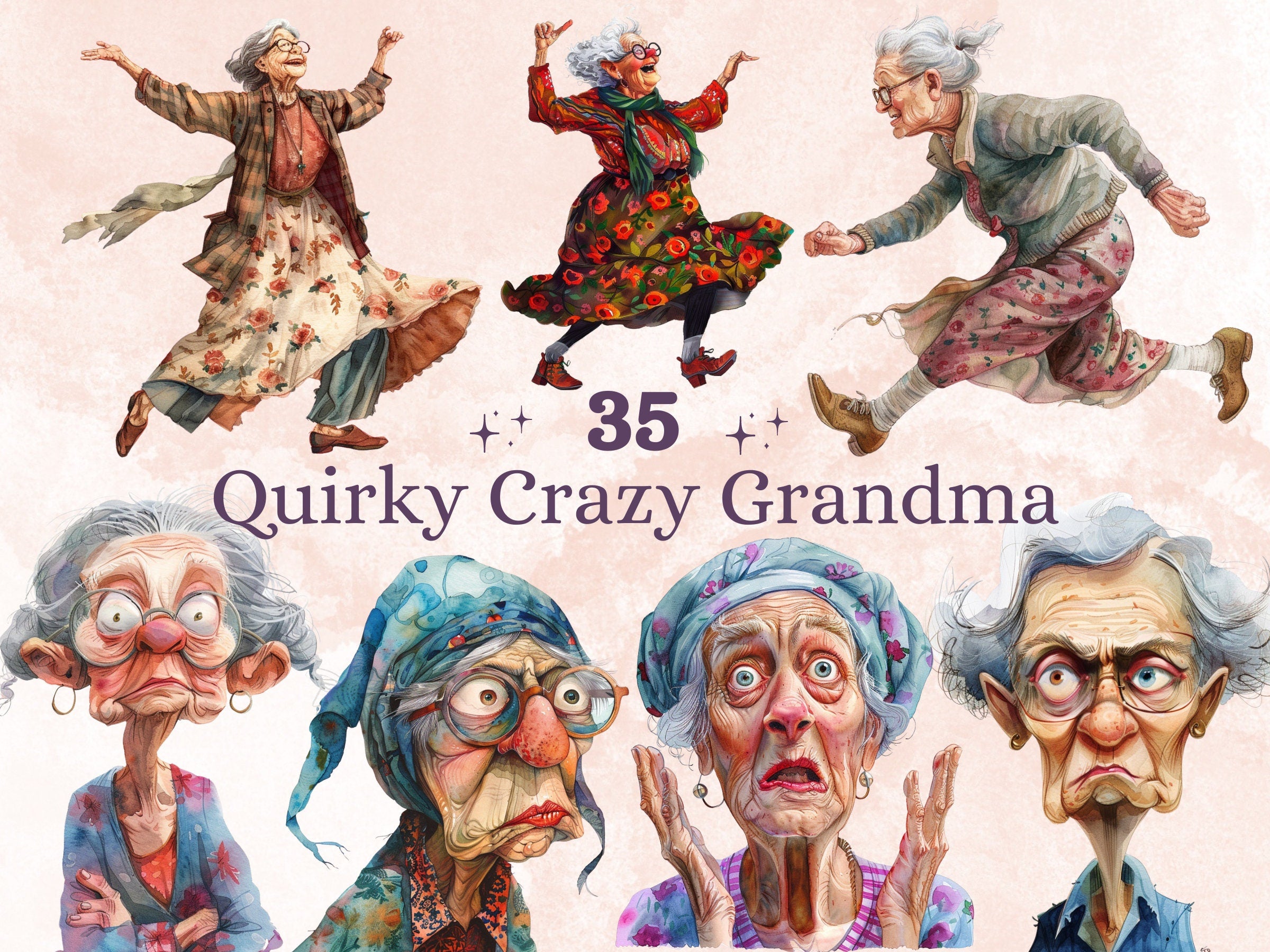 35 PNG Watercolor Quirky Crazy Grandma Clipart, Whimsical Hippie Old Ladies Illustrations Clip art, Funny Elderly Woman png Sublimation