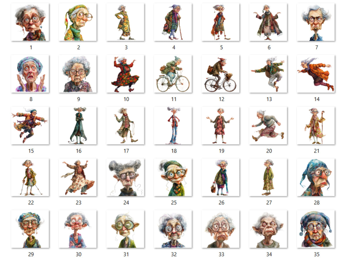 35 PNG Watercolor Quirky Crazy Grandma Clipart, Whimsical Hippie Old Ladies Illustrations Clip art, Funny Elderly Woman png Sublimation