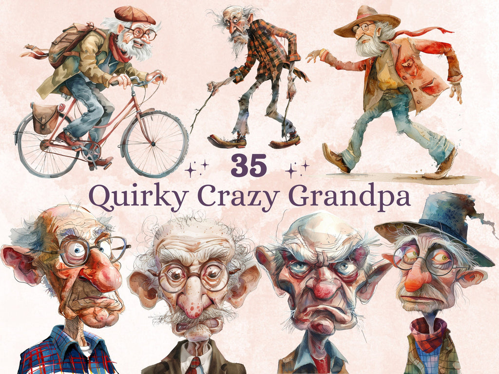 35 PNG Watercolor Quirky Crazy Grandpa Clipart, Whimsical Hippie Old Man Illustrations Clip art, Funny Elderly Man png, Quirky Sublimation