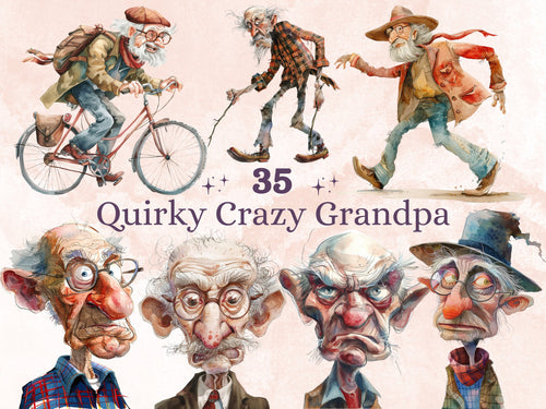 35 PNG Watercolor Quirky Crazy Grandpa Clipart, Whimsical Hippie Old Man Illustrations Clip art, Funny Elderly Man png, Quirky Sublimation