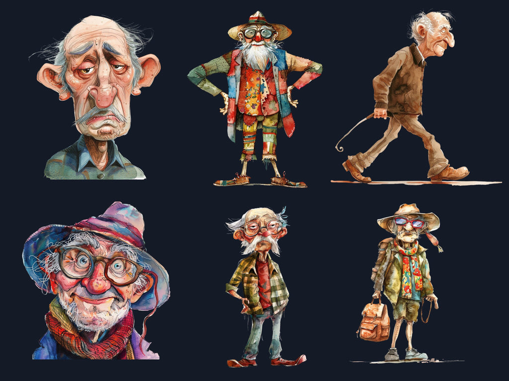 35 PNG Watercolor Quirky Crazy Grandpa Clipart, Whimsical Hippie Old Man Illustrations Clip art, Funny Elderly Man png, Quirky Sublimation