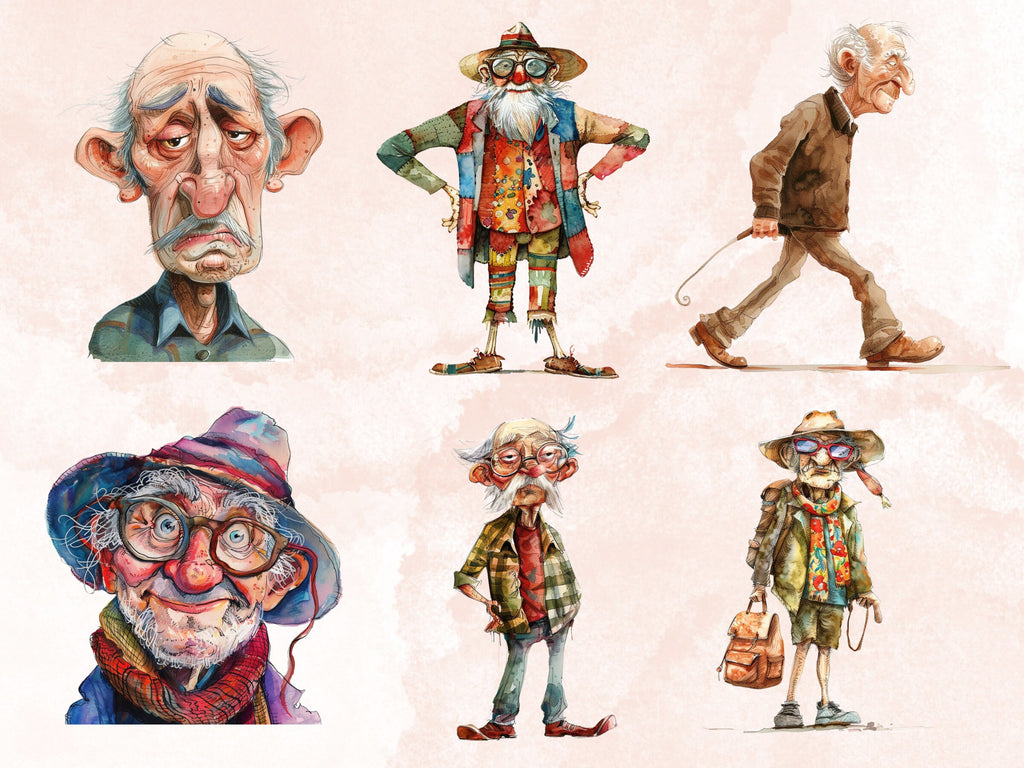 35 PNG Watercolor Quirky Crazy Grandpa Clipart, Whimsical Hippie Old Man Illustrations Clip art, Funny Elderly Man png, Quirky Sublimation