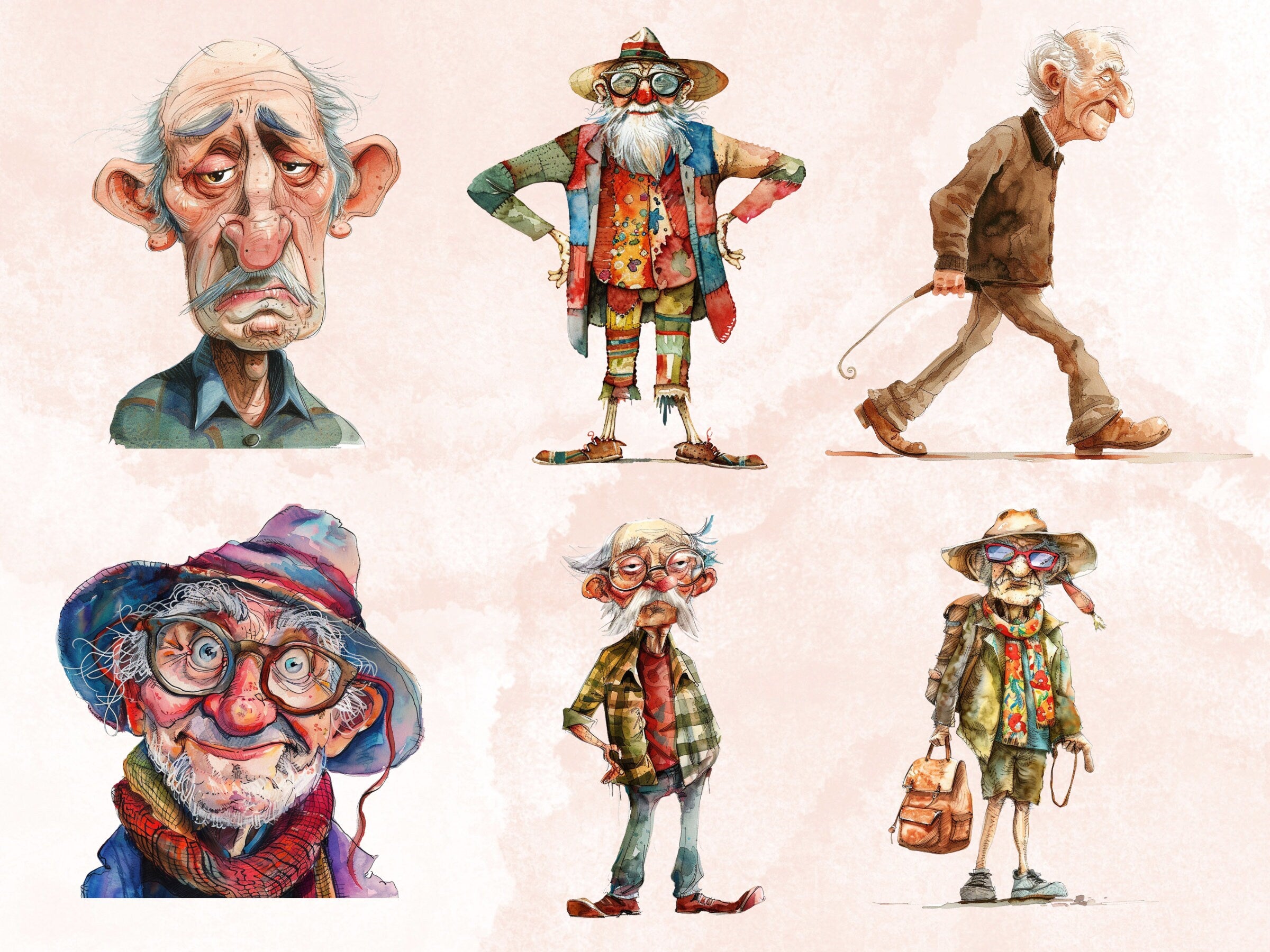 35 PNG Watercolor Quirky Crazy Grandpa Clipart, Whimsical Hippie Old Man Illustrations Clip art, Funny Elderly Man png, Quirky Sublimation