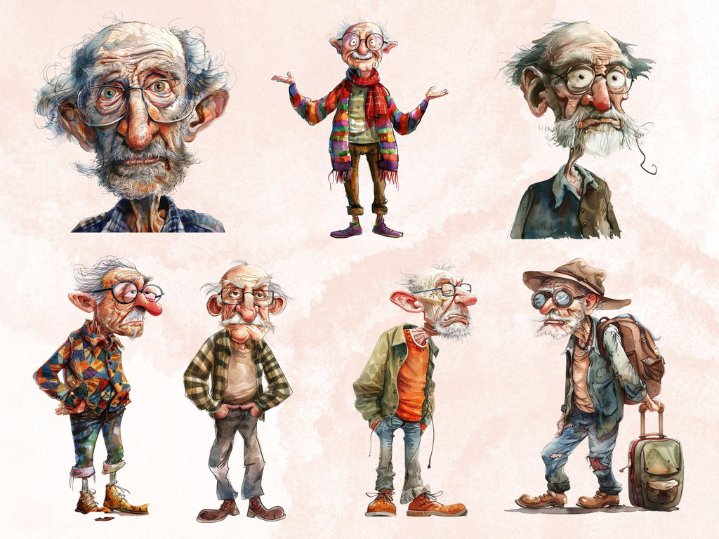 35 PNG Watercolor Quirky Crazy Grandpa Clipart, Whimsical Hippie Old Man Illustrations Clip art, Funny Elderly Man png, Quirky Sublimation