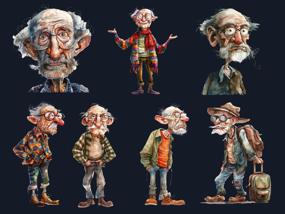 35 PNG Watercolor Quirky Crazy Grandpa Clipart, Whimsical Hippie Old Man Illustrations Clip art, Funny Elderly Man png, Quirky Sublimation