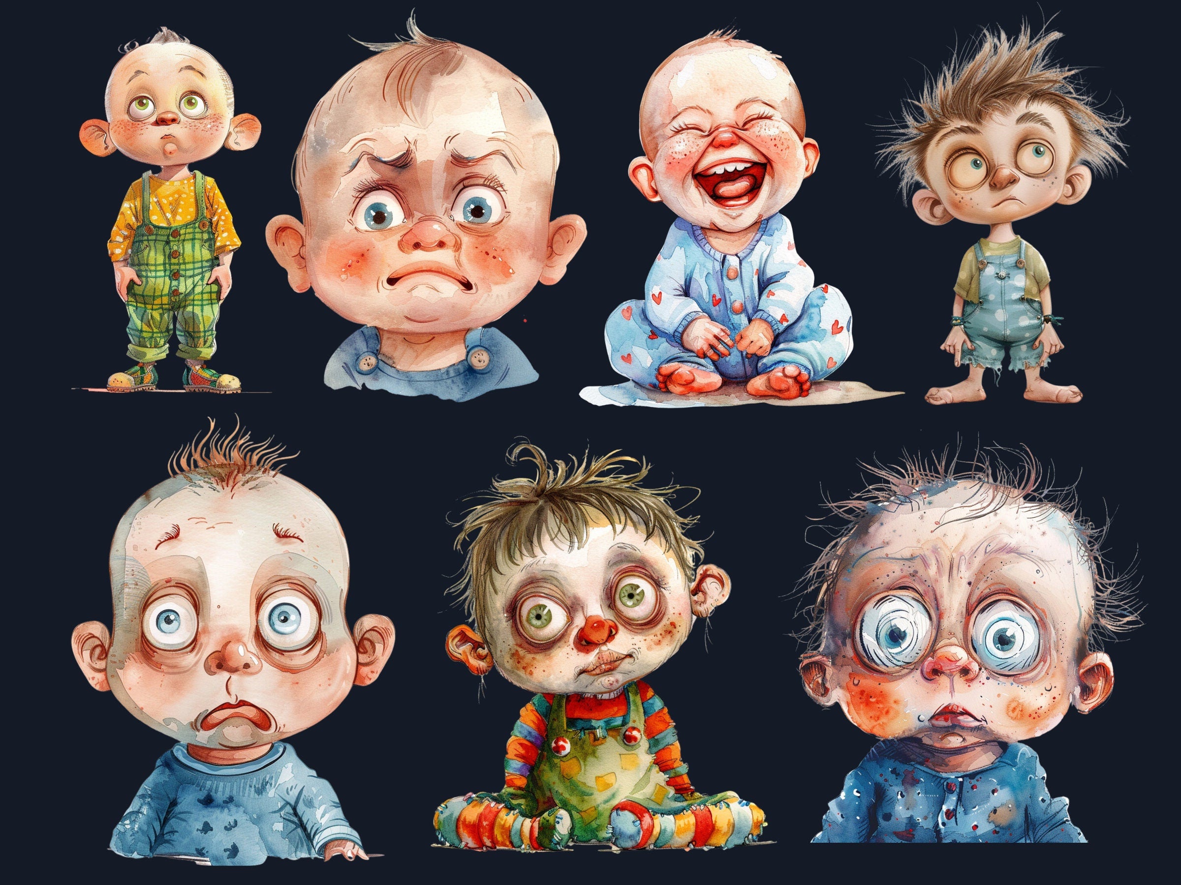 50 PNG Watercolor Quirky Babies Bundle Clipart, Whimsical Baby Illustrations Clip art, Funny Cute Baby Emotions png, Quirky Sublimation