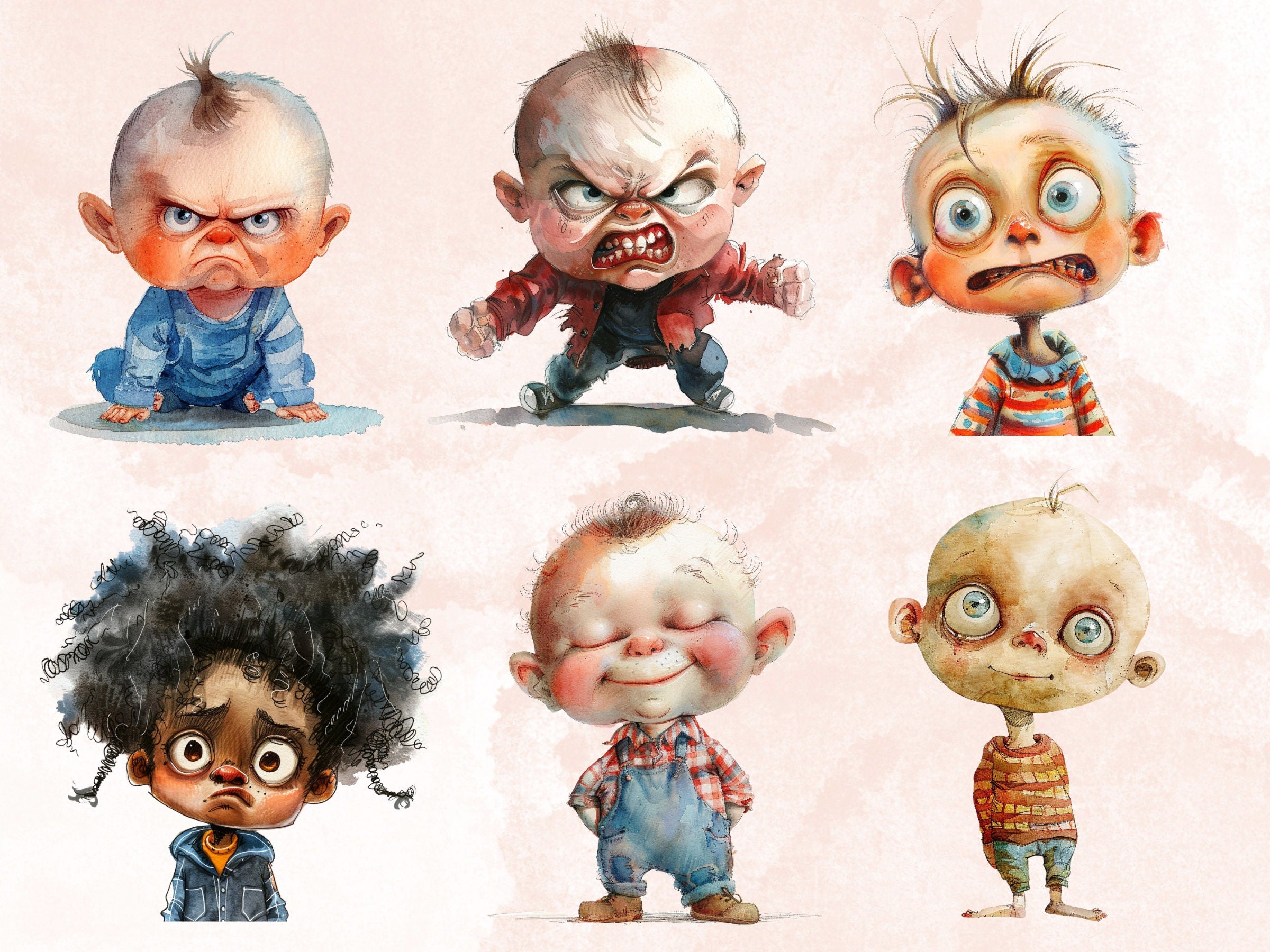 50 PNG Watercolor Quirky Babies Bundle Clipart, Whimsical Baby Illustrations Clip art, Funny Cute Baby Emotions png, Quirky Sublimation