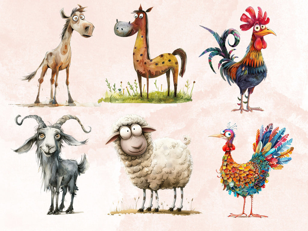 50 PNG Watercolor Quirky Farm Animals Clipart, Whimsical Farm Illustrations Clip art, Funny Little Animal Emotions png, Quirky Sublimation