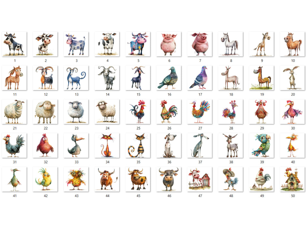 50 PNG Watercolor Quirky Farm Animals Clipart, Whimsical Farm Illustrations Clip art, Funny Little Animal Emotions png, Quirky Sublimation