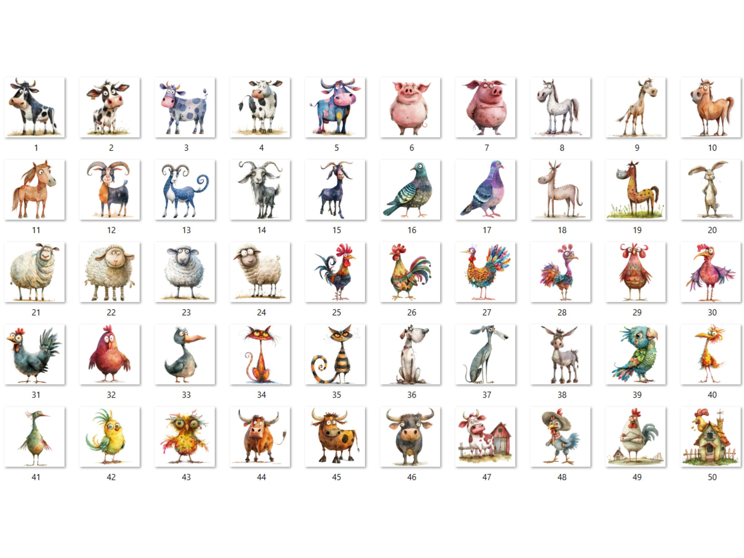 50 PNG Watercolor Quirky Farm Animals Clipart, Whimsical Farm Illustrations Clip art, Funny Little Animal Emotions png, Quirky Sublimation