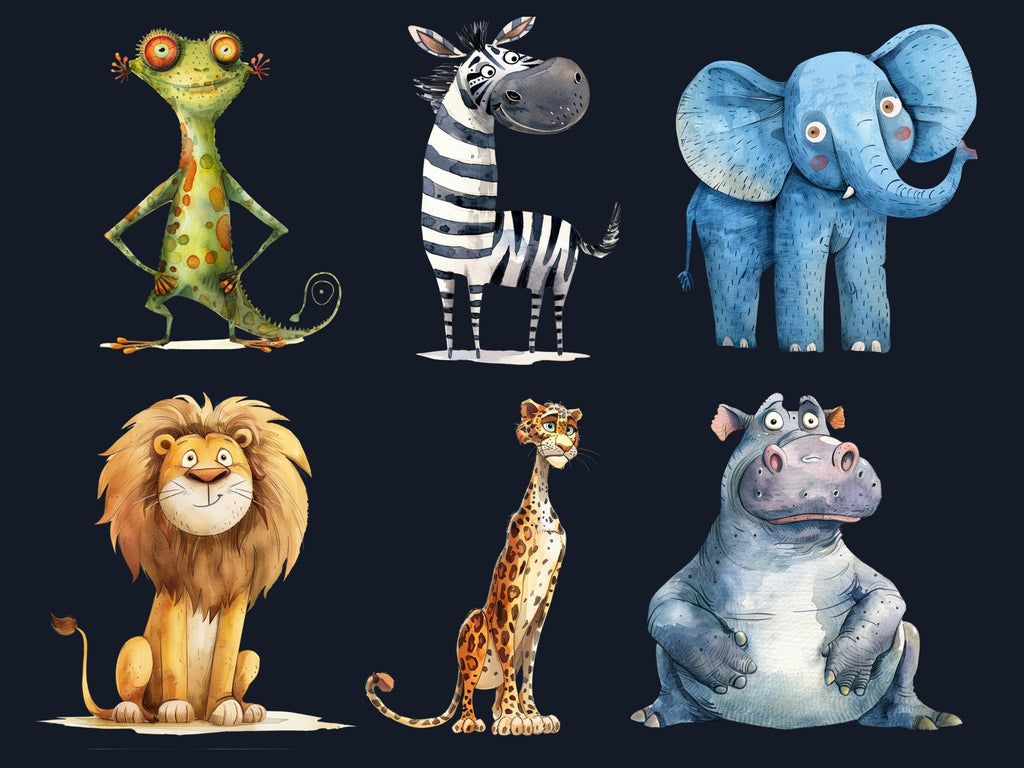 30 PNG Watercolor Quirky Safari Animals Clipart, Whimsical Jungle Illustrations Clip art, Funny Wild Animal Emotions png, Quirky Sublimation