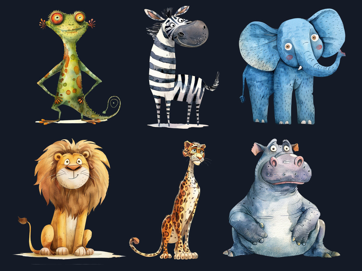 30 PNG Watercolor Quirky Safari Animals Clipart, Whimsical Jungle Illustrations Clip art, Funny Wild Animal Emotions png, Quirky Sublimation