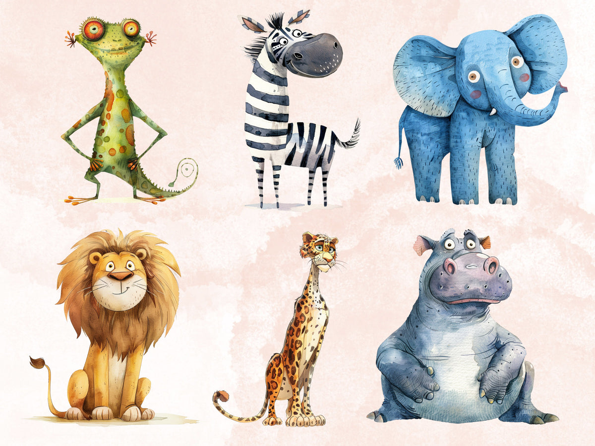 30 PNG Watercolor Quirky Safari Animals Clipart, Whimsical Jungle Illustrations Clip art, Funny Wild Animal Emotions png, Quirky Sublimation