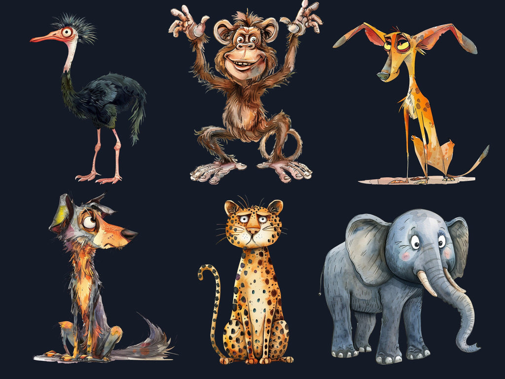 30 PNG Watercolor Quirky Safari Animals Clipart, Whimsical Jungle Illustrations Clip art, Funny Wild Animal Emotions png, Quirky Sublimation