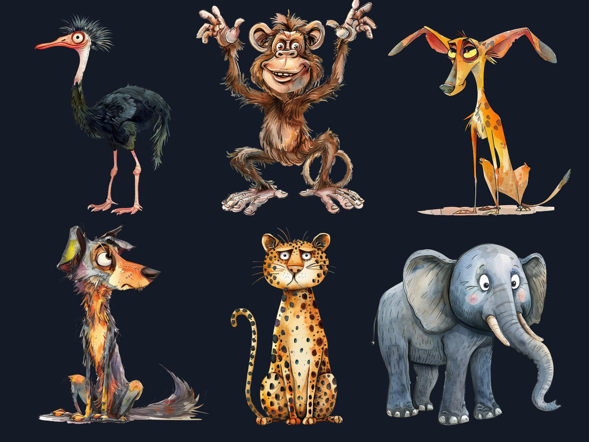 30 PNG Watercolor Quirky Safari Animals Clipart, Whimsical Jungle Illustrations Clip art, Funny Wild Animal Emotions png, Quirky Sublimation